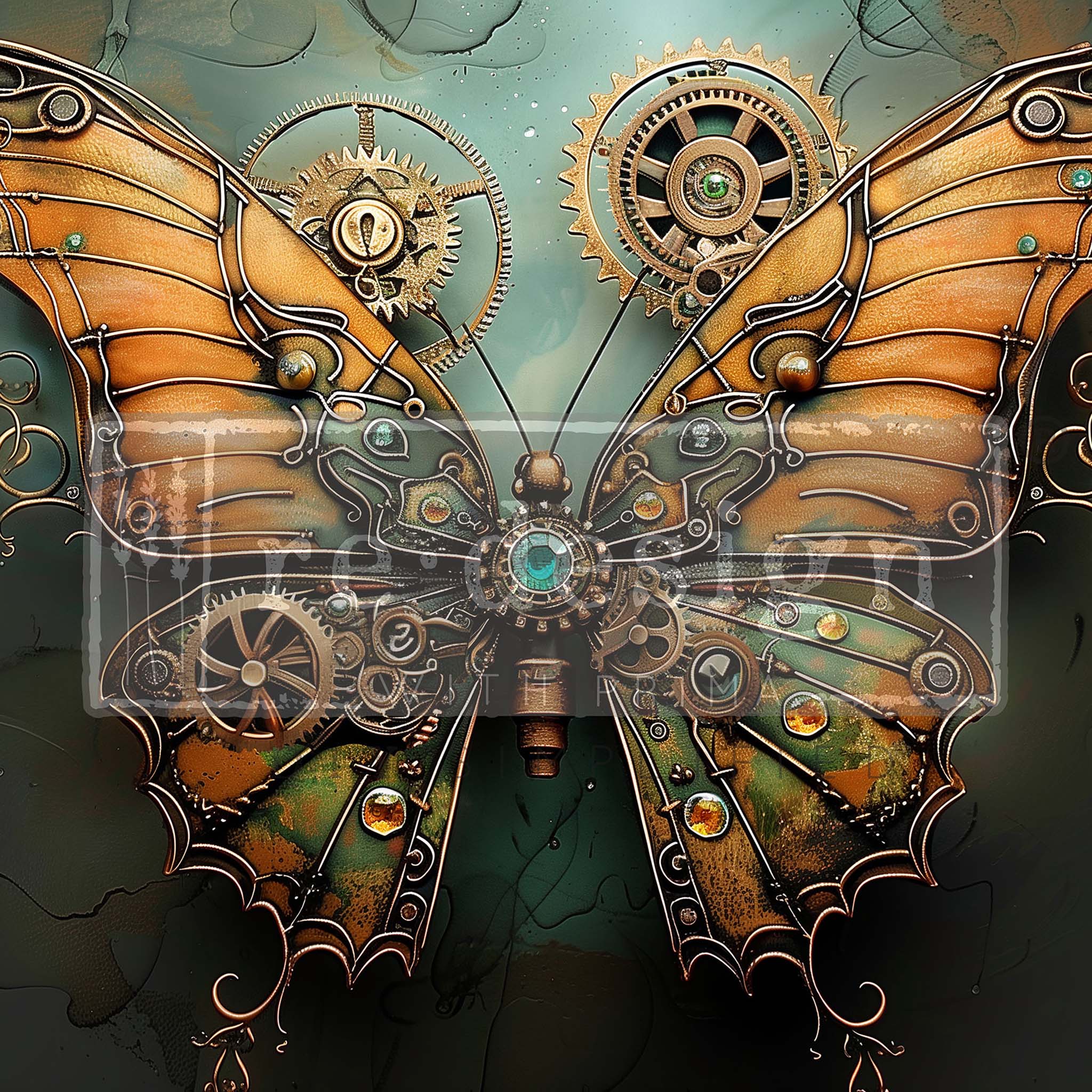 Close-up of an A1 fiber paper design featuring a steampunk butterfly with mechanical wings in front of gears and cogs against a soft blue green background. 