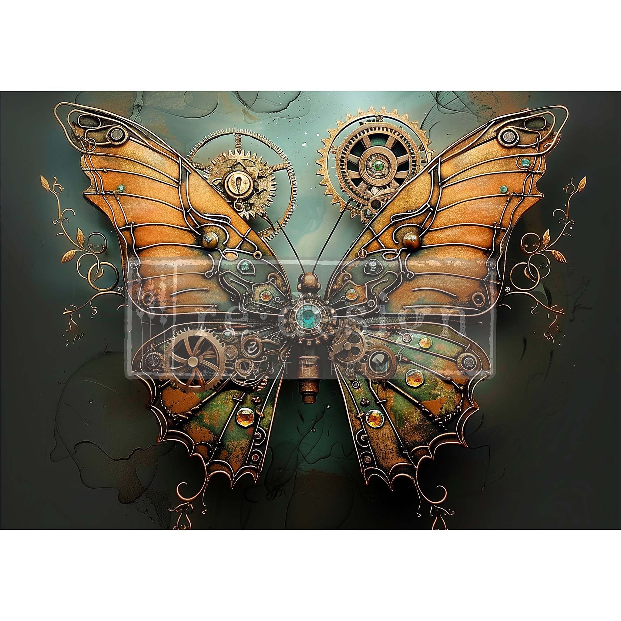 A1 fiber paper design featuring a steampunk butterfly with mechanical wings in front of gears and cogs against a soft blue green background. White borders are on the top and bottom.