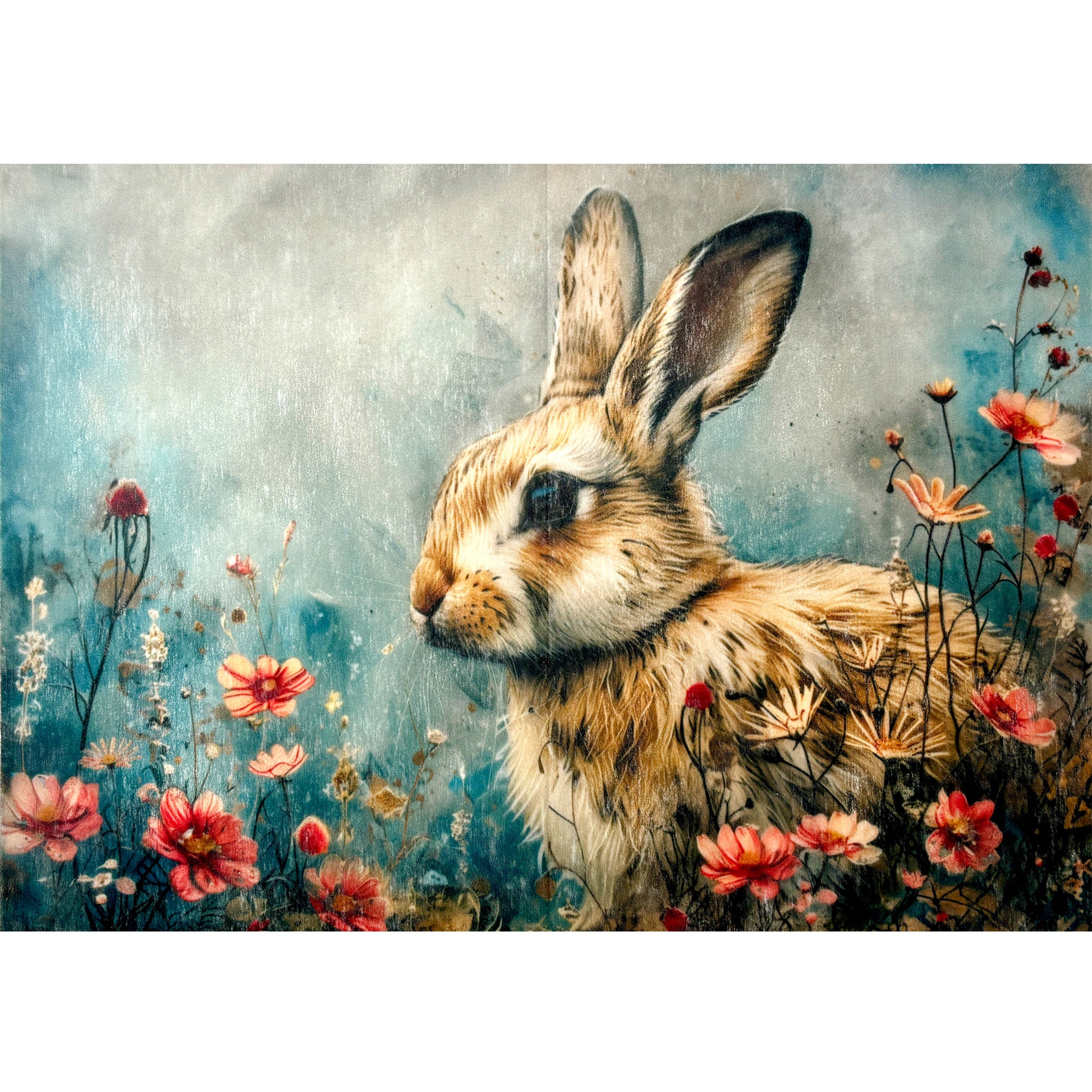 A3 fiber paper design featuring a profile portrait of a brown bunny in a field of pink wildflowers with a dreamy blue background. White borders are on the top and bottom.