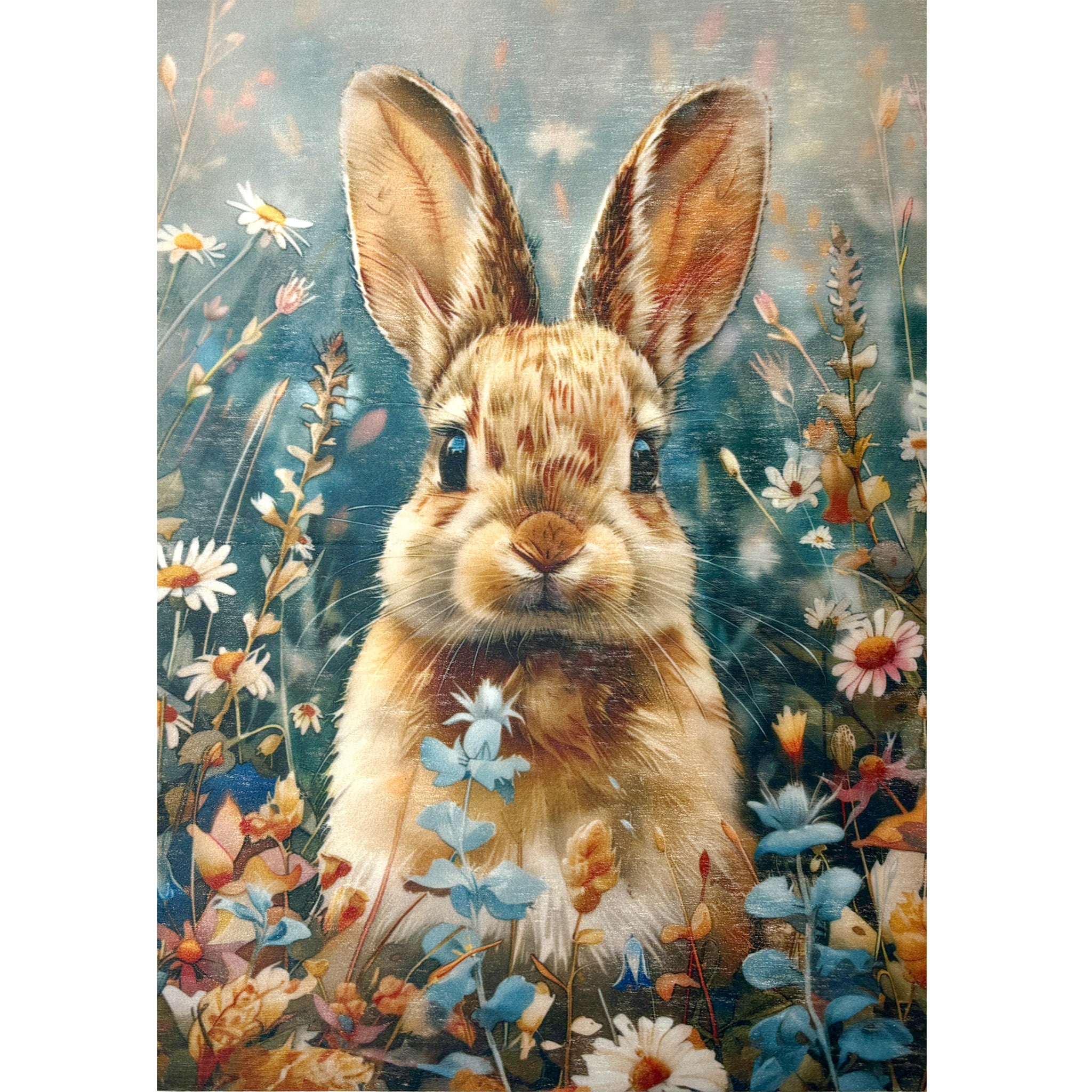 A3 fiber paper design featuring a portrait of a brown bunny in a field of wildflowers with a dreamy blue background. White borders are on the sides.