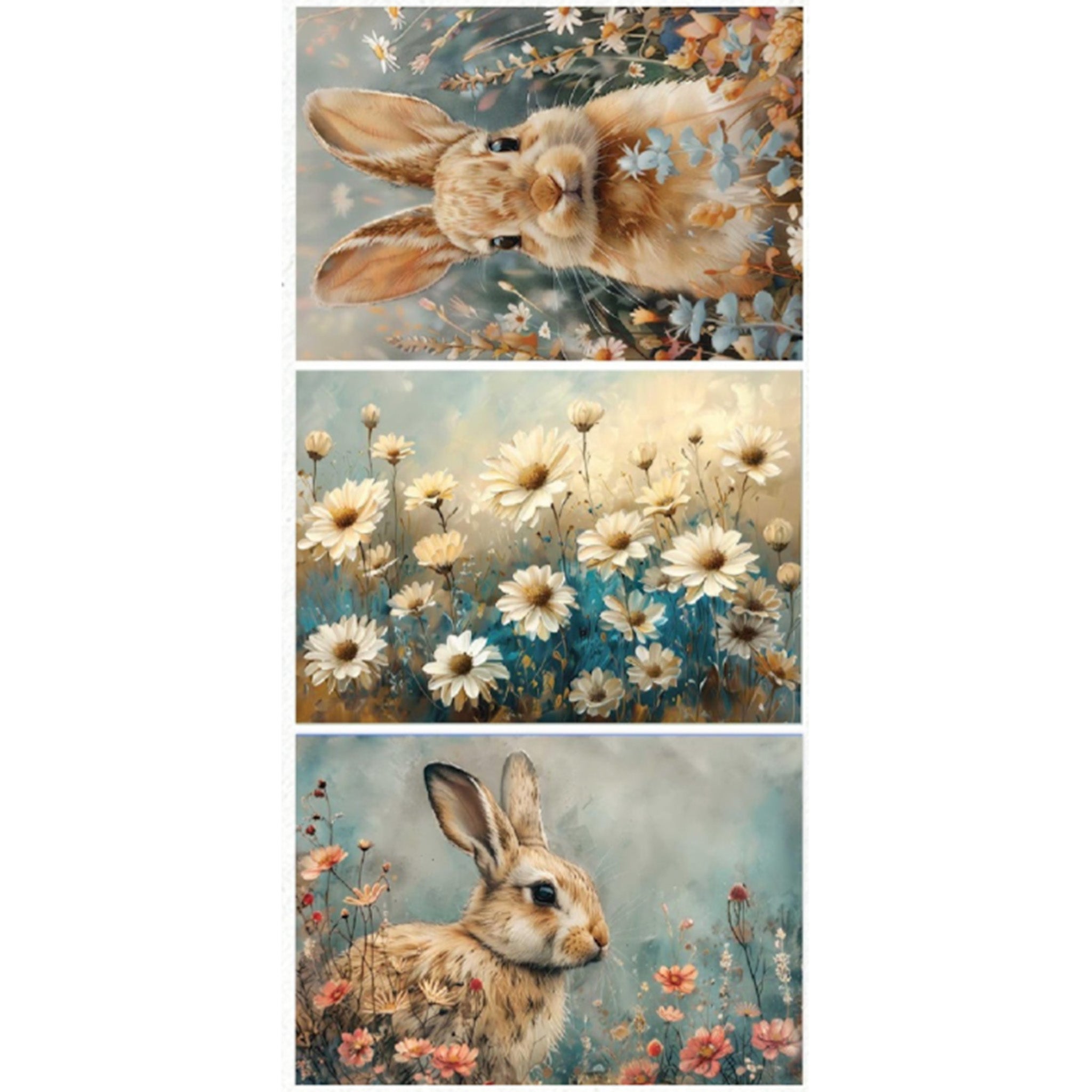 Three sheets of A3 fiber paper are against a white background and feature springtime bunnies and fields of flowers.