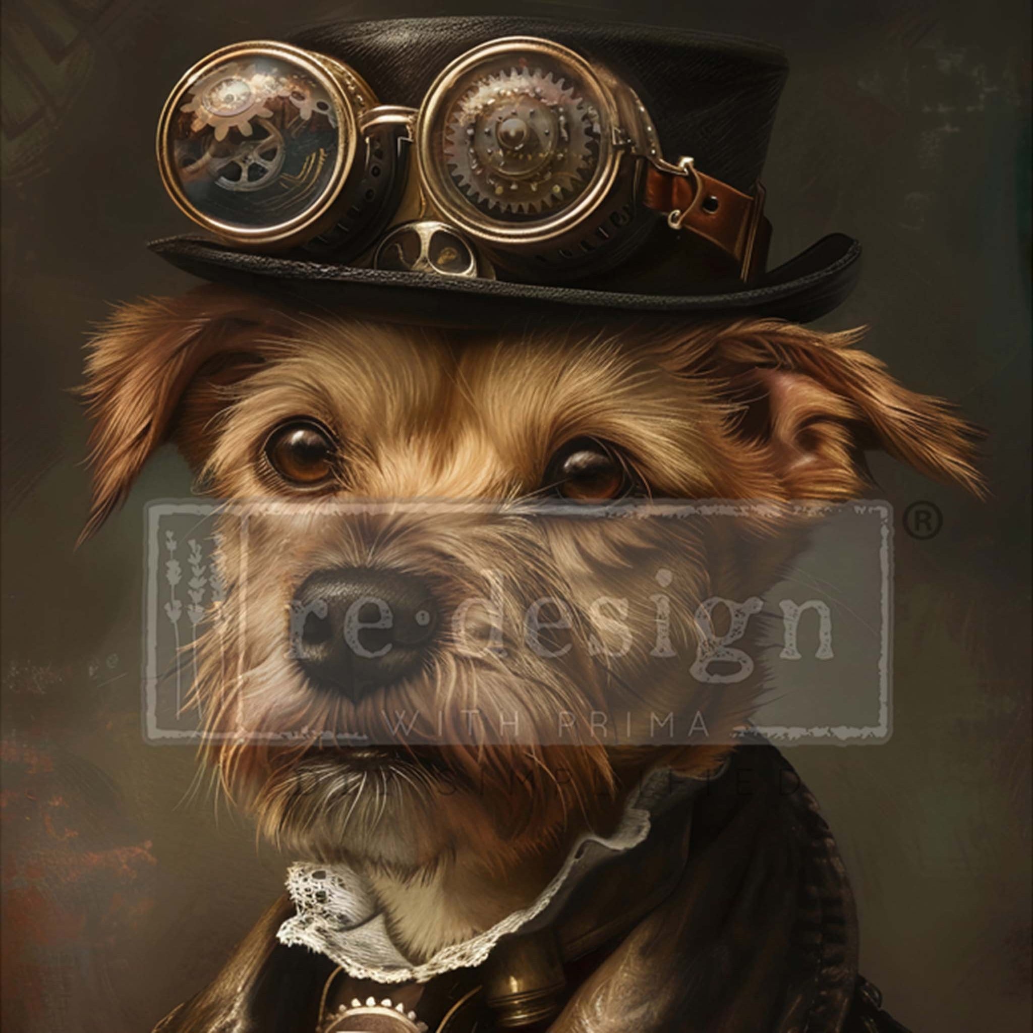Close-up of an A1 fiber paper that features an adorable brown dog sporting a top hat with goggles and suit in a steampunk design.