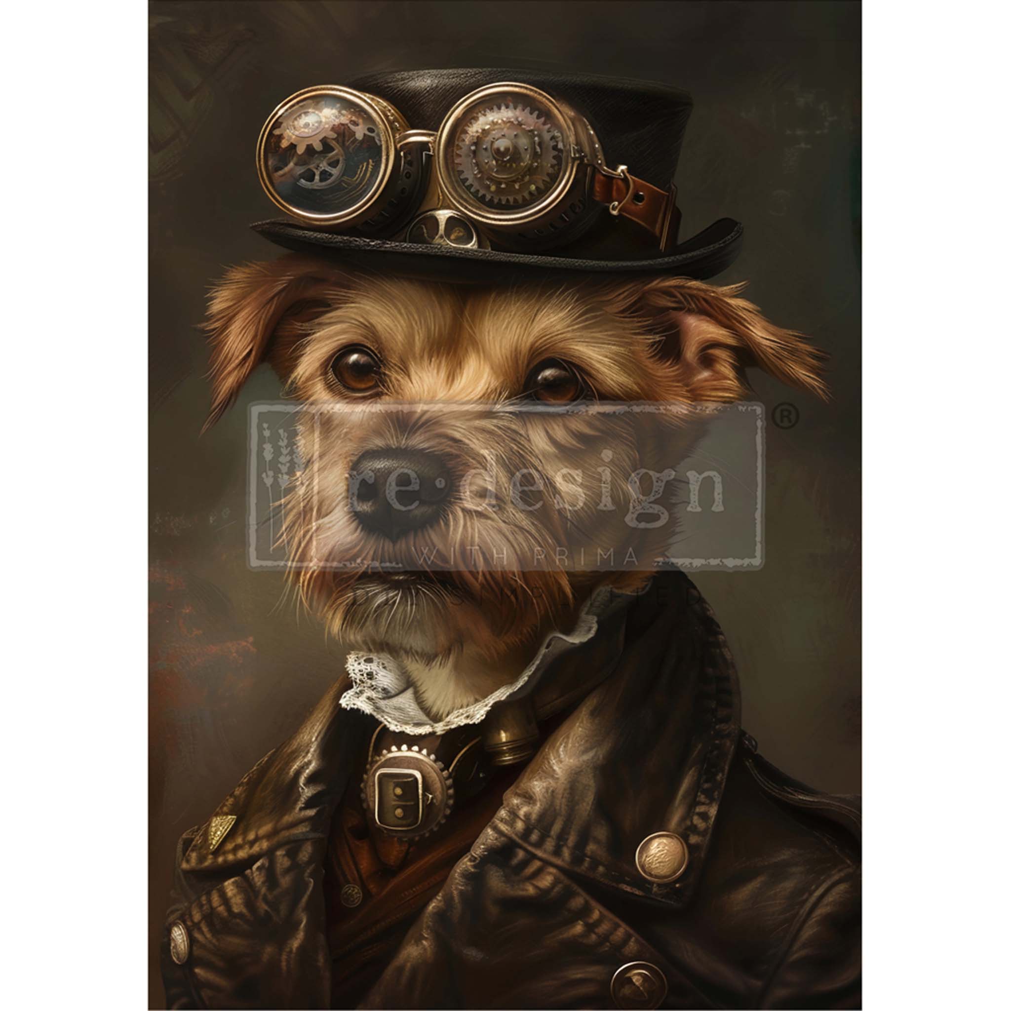 A1 fiber paper that features an adorable brown dog sporting a top hat with goggles and suit in a steampunk design. White borders are on the sides.