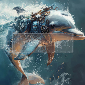 Close-up of an A1 fiber paper design that features a playful bottlenose dolphin covered in steampunk gears, splashing about and riding a wave.