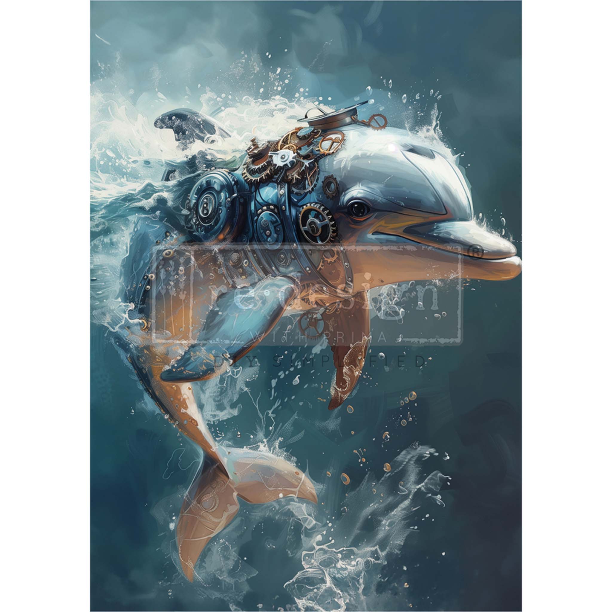 A1 fiber paper design that features a playful bottlenose dolphin covered in steampunk gears, splashing about and riding a wave. White borders are on the sides.