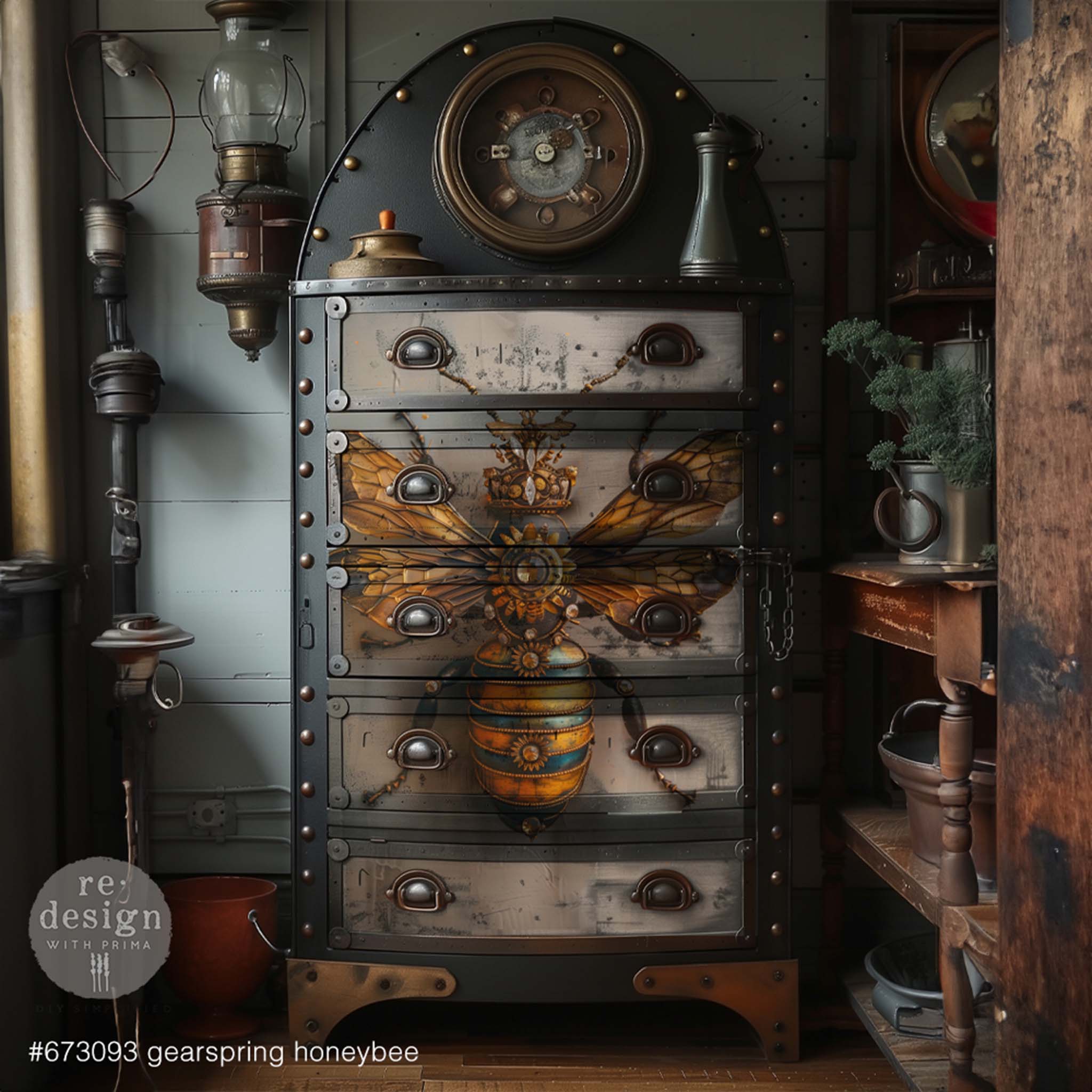 A steampunk inspired 5-drawer chest dresser is painted black with metal accents and features ReDesign with Prima's Gearspring Honeybee A1 fiber paper on the drawers.