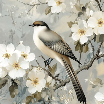 Close-up of an A1 fiber paper that features a bird perched on a flowering tree branch amidst a sea of white blooms.