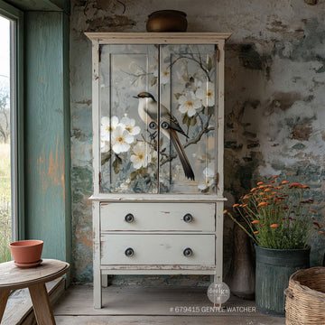 A vintage armoire is painted light grey and features ReDesign with Prima's Gentle Watcher A1 Fiber paper on its doors.