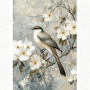 A1 fiber paper that features a bird perched on a flowering tree branch amidst a sea of white blooms. White borders are on the sides.