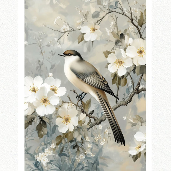 A1 fiber paper that features a bird perched on a flowering tree branch amidst a sea of white blooms. White borders are on the sides.