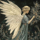 Angel with wings holding flowers against a dark background