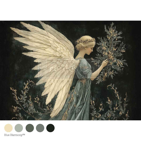 Angel holding a wreath with a dark background and color swatches at the bottom.