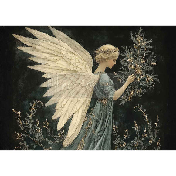 Angel holding a wreath against a dark background