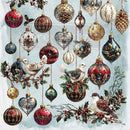 Decorative Christmas ornaments with birds and holly on a light blue background