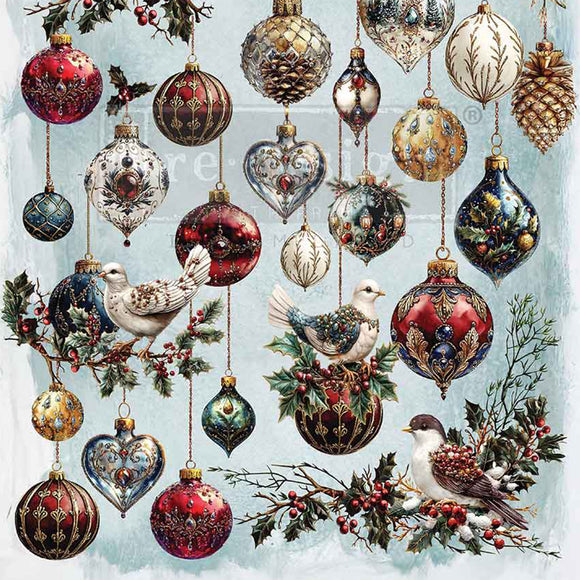 Decorative Christmas ornaments with birds and holly on a light blue background