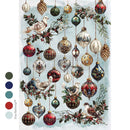 Decorative design with Christmas ornaments, birds, and foliage on a light blue background.