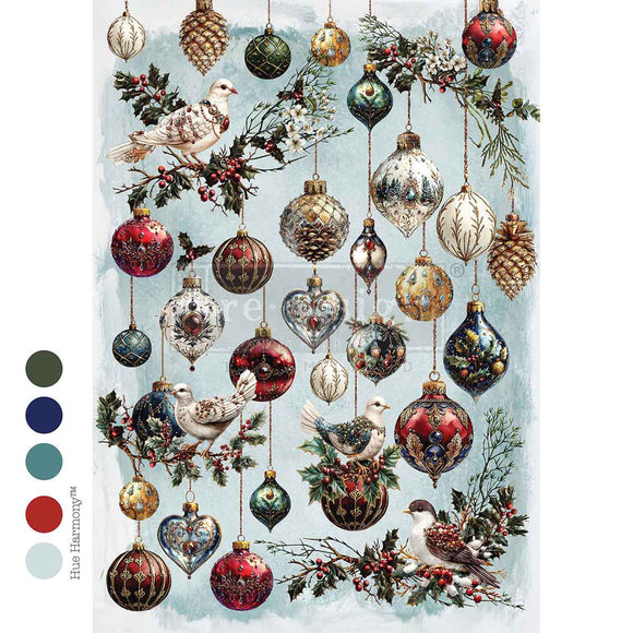 Decorative design with Christmas ornaments, birds, and foliage on a light blue background.