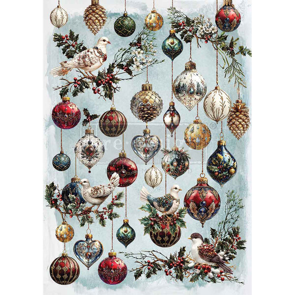 Decorative Christmas paper with ornaments, birds, and holly on a light blue background