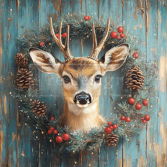 Deer surrounded by Christmas decorations on a wooden background