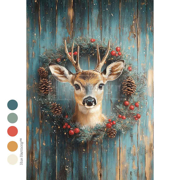 Decorative image of a deer with a wreath on a wooden background