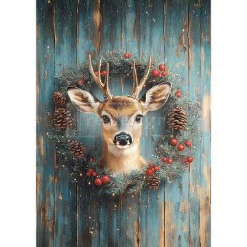 Deer head surrounded by foliage and berries on a wooden background