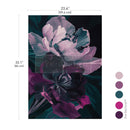 Floral design with measurements (23.4" x 33.1") and color swatches on a white background