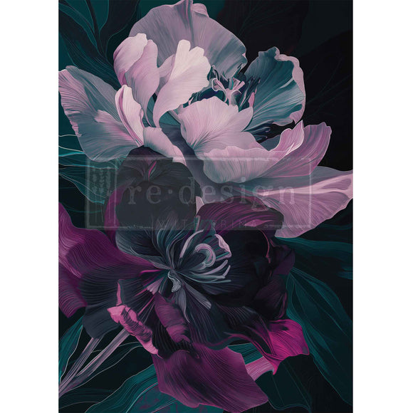Colorful floral design with pink and purple flowers on a dark background