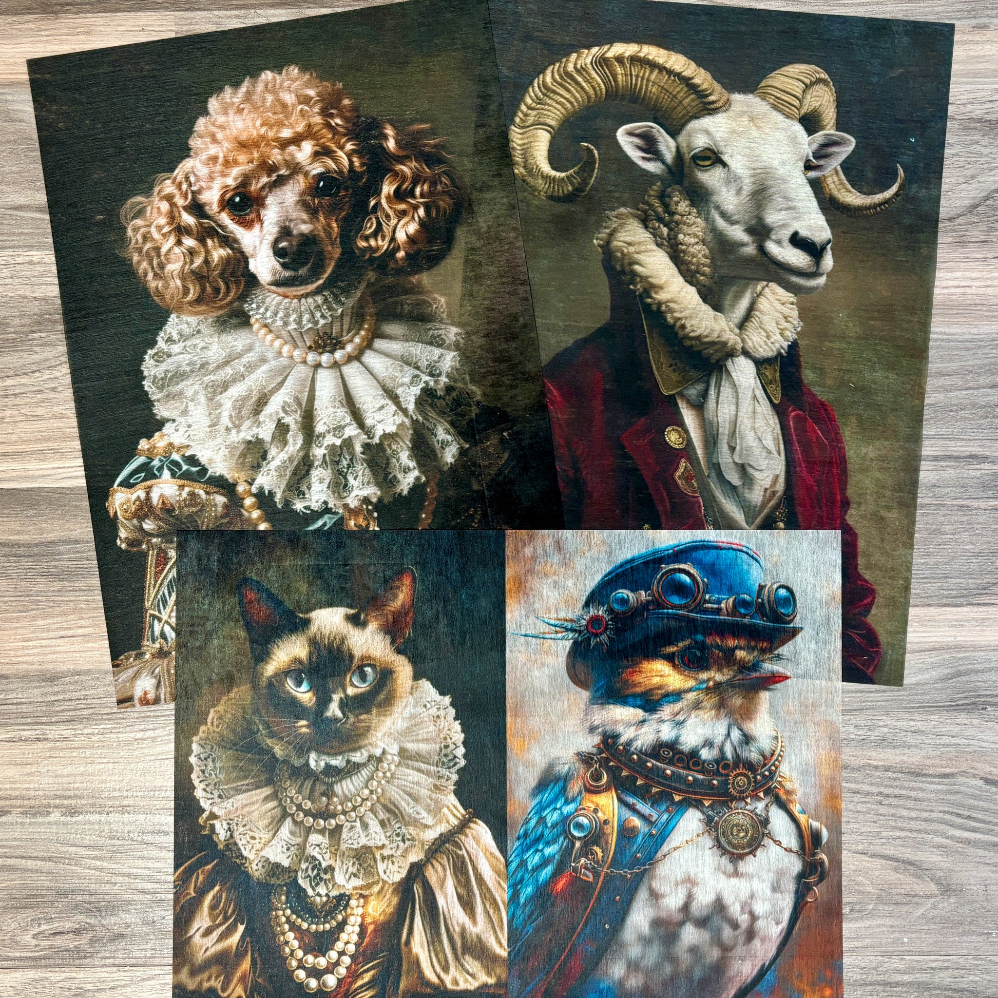 Three sheets of A3 fiber papers featuring 4 quirky scenes of animals in vintage and steampunk attire are against a light wood background.