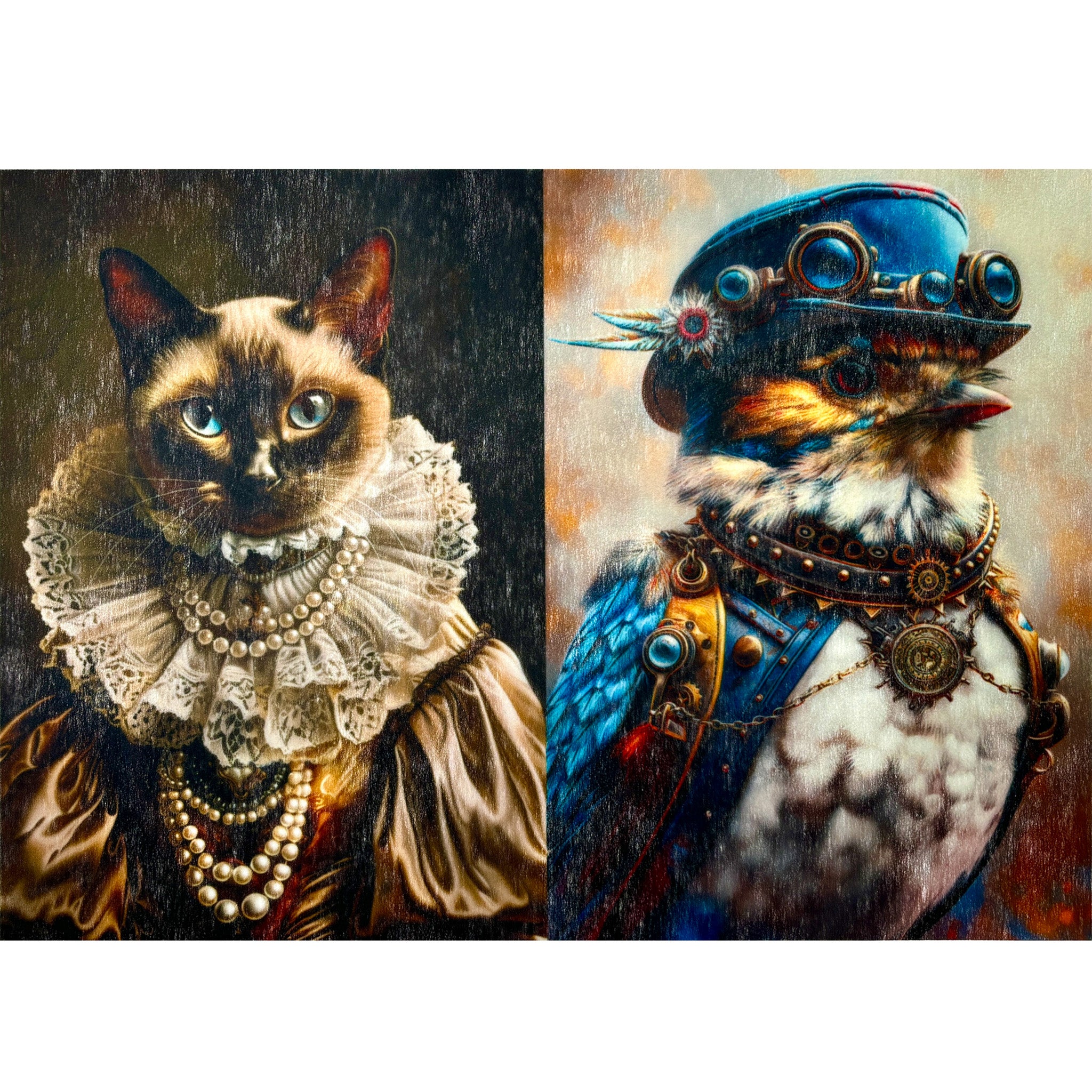 A3 fiber paper featuring 2 designs of a cat and a bird; the cat wearing a vintage royal dress, and the bird sporting blue steampunk attire. White borders are on the top and bottom.