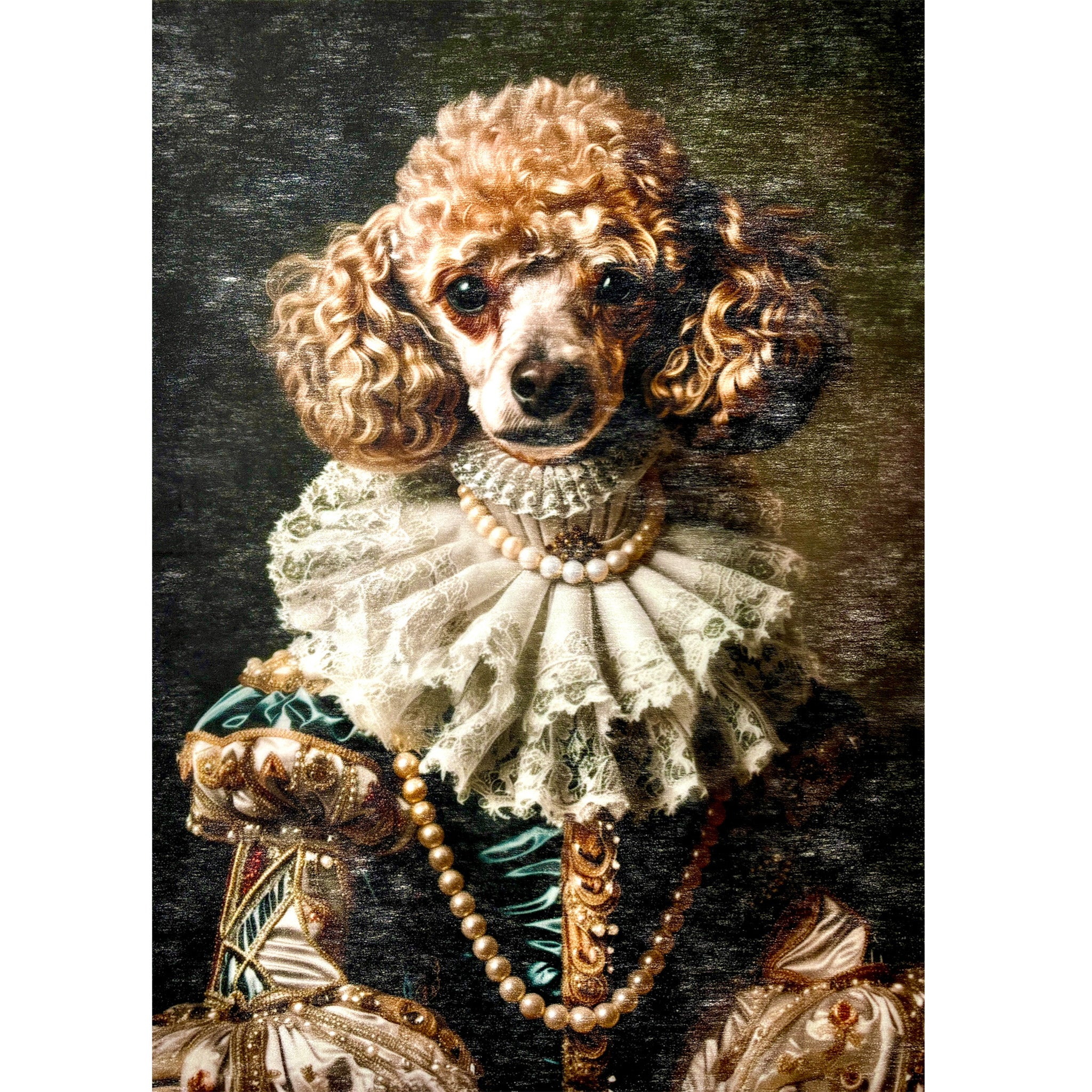 A3 fiber paper featuring a portrait of a poodle wearing a vintage royal outfit. White borders are on the sides.