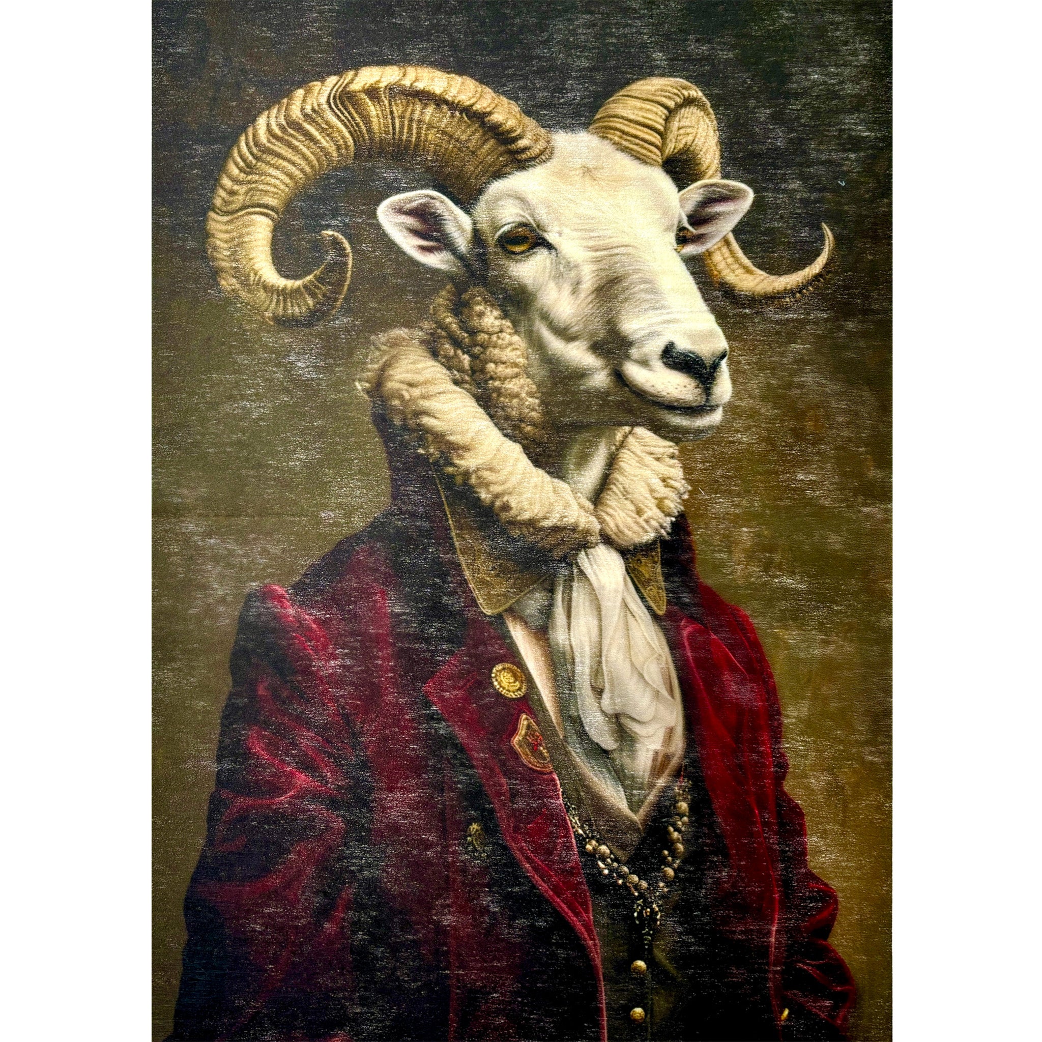 A3 fiber paper featuring a design of a big horn sheep wearing a vintage outfit  including a red velvet jacket. White borders are on the sides.