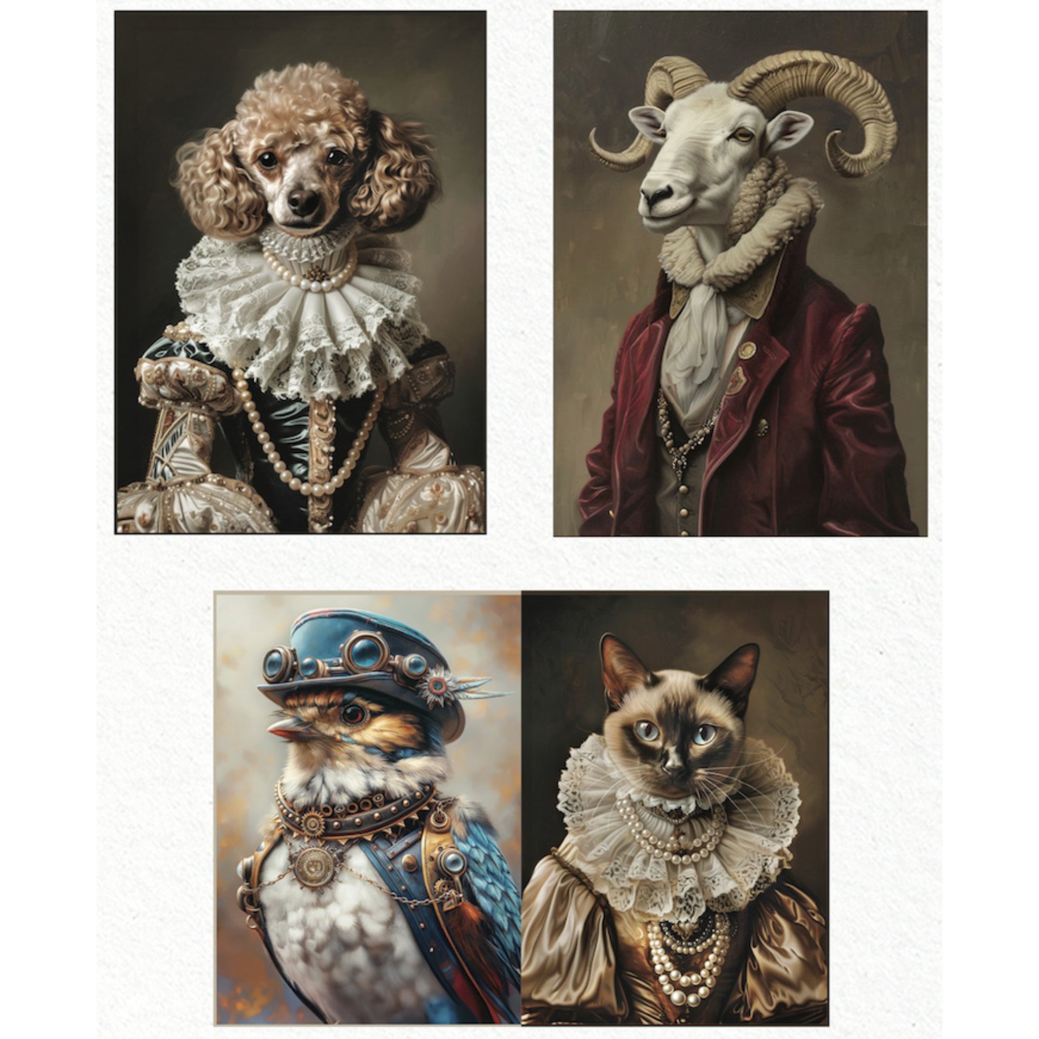 Three sheets of fiber papers against a white background feature 4 scenes of quirky vintage dressed animals including a toy poodle, a goat, a bird, and a Siamese cat.