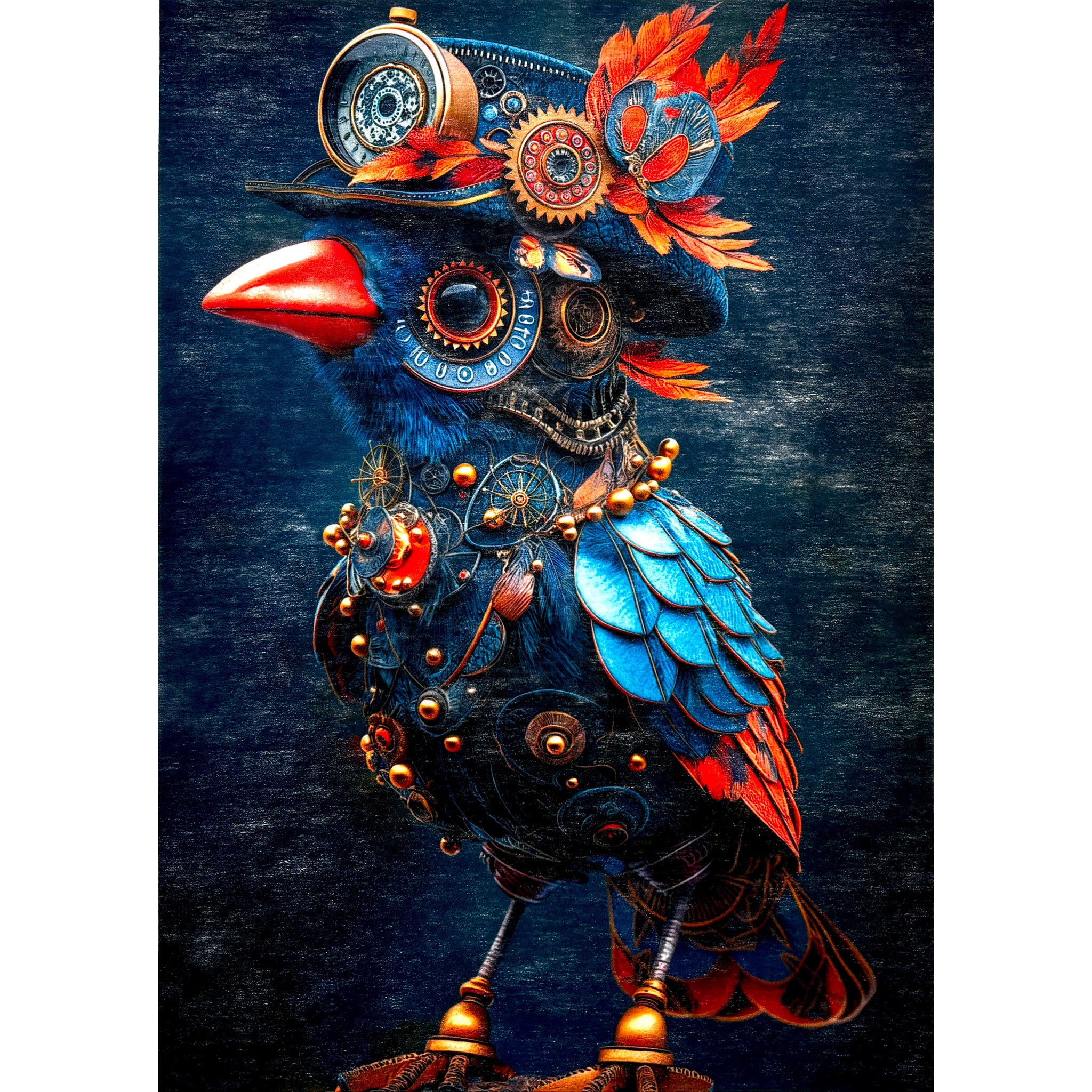 A3 fiber paper featuring a blue bird adorned with Steampunk attire against a dark blue background. White borders are on the sides.