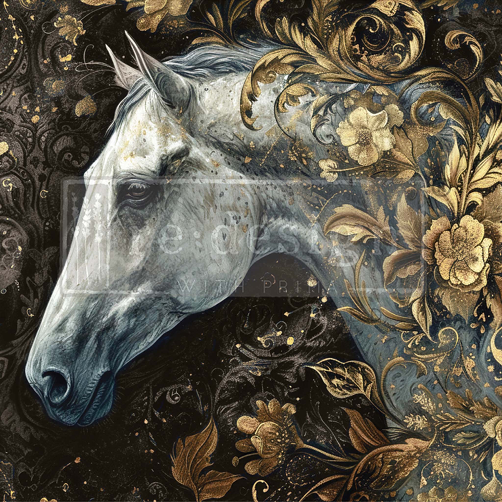Close-up of an A1 fiber paper that features a regal white horse on a black background, adorned with elegant golden scrolling leaves and flowers.