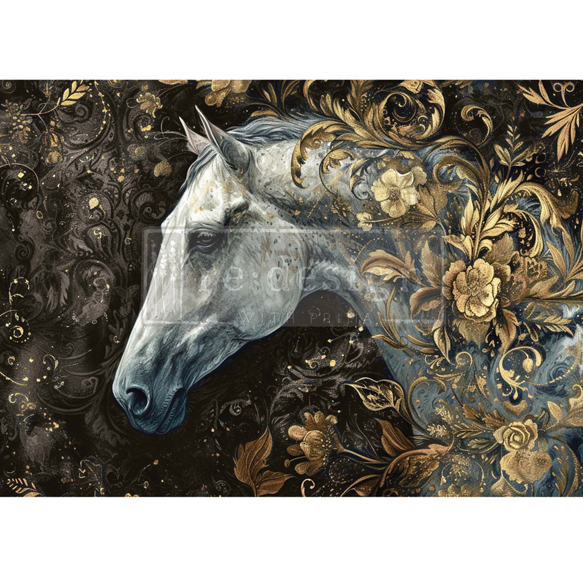A1 fiber paper that features a regal white horse on a black background, adorned with elegant golden scrolling leaves and flowers. White borders are on the top and bottom.