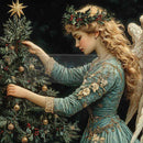 Angel in a blue dress decorating a Christmas tree with gold ornaments and holly leaves.