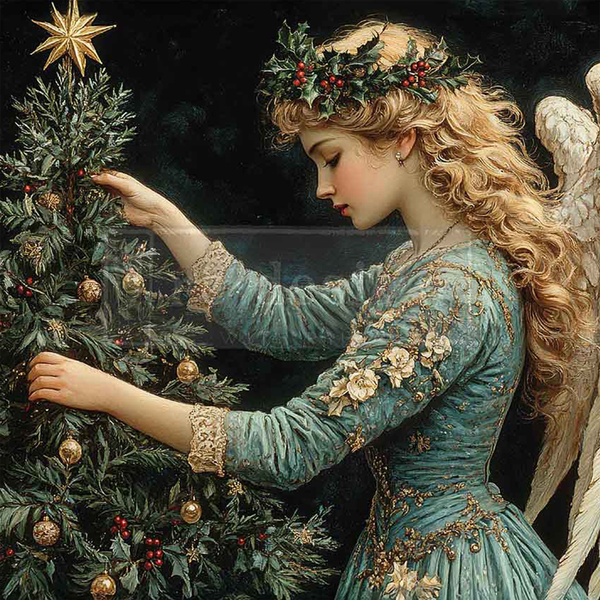 Angel in a blue dress decorating a Christmas tree with gold ornaments and holly leaves.