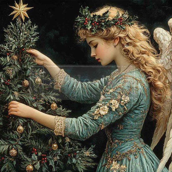 Angel in a blue dress decorating a Christmas tree with gold ornaments and holly leaves.