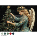 Angel decorating a Christmas tree with a star on top, surrounded by festive colors.