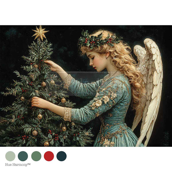 Angel decorating a Christmas tree with a star on top, surrounded by festive colors.