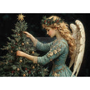 Angel decorating a Christmas tree with gold ornaments and a star on a dark background