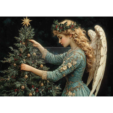 Angel decorating a Christmas tree with gold ornaments and a star on a dark background