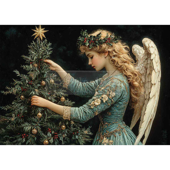 Angel decorating a Christmas tree with gold ornaments and a star on a dark background