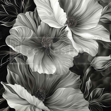 Black and white floral design on a black background