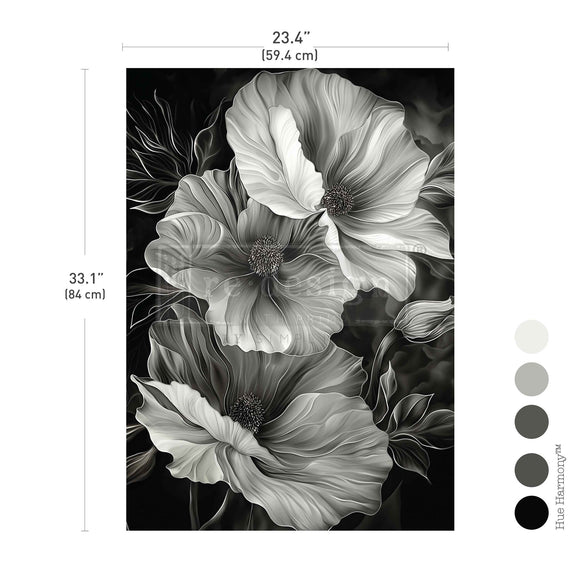 Floral design with measurements (23.4" x 33.1") and color swatches on a white background
