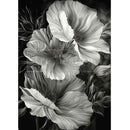 Black and white floral design on a dark background