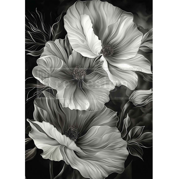Black and white floral design on a dark background
