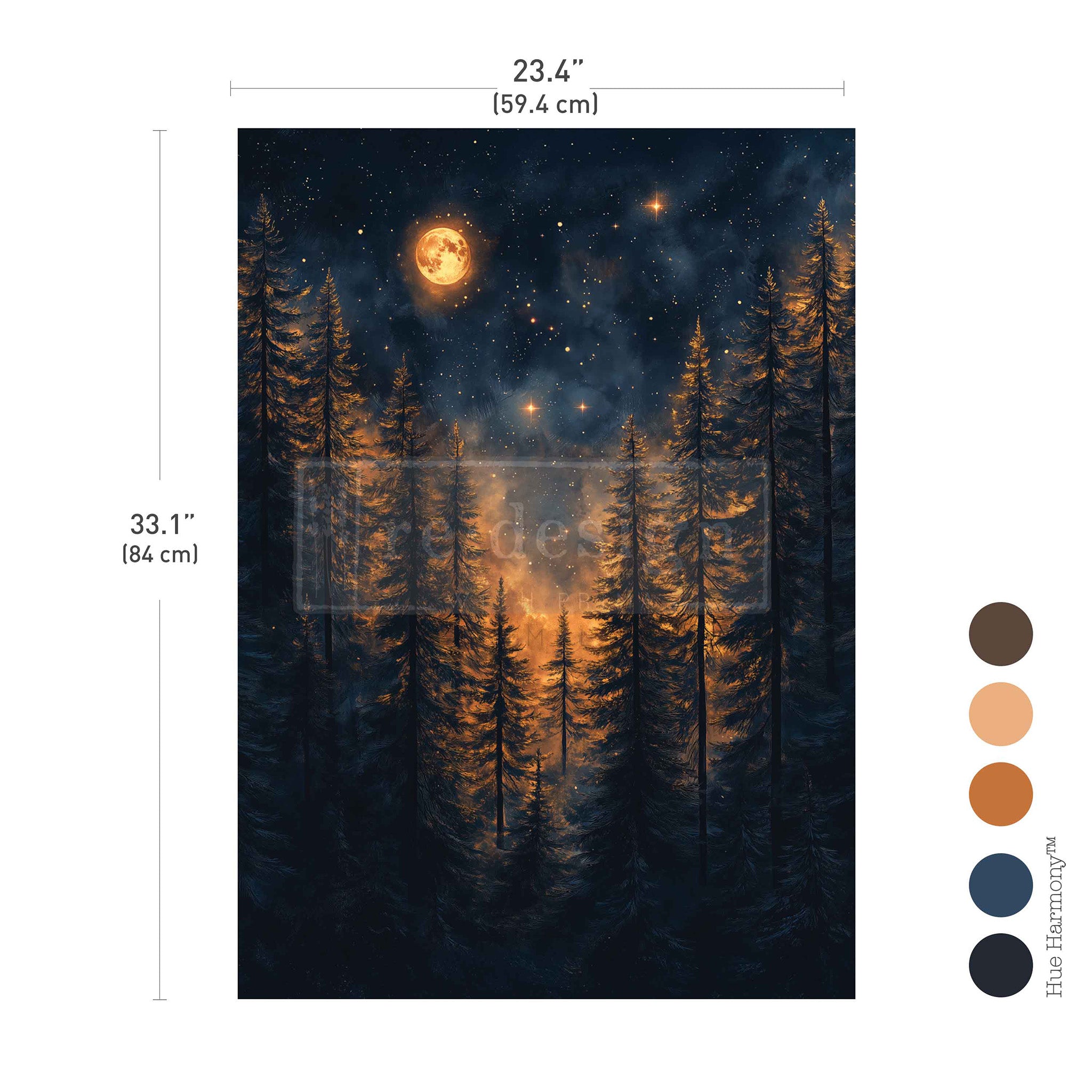 Decoupage paper of a forest at night with a full moon and stars, with measurements: 23.4" x 33.1"