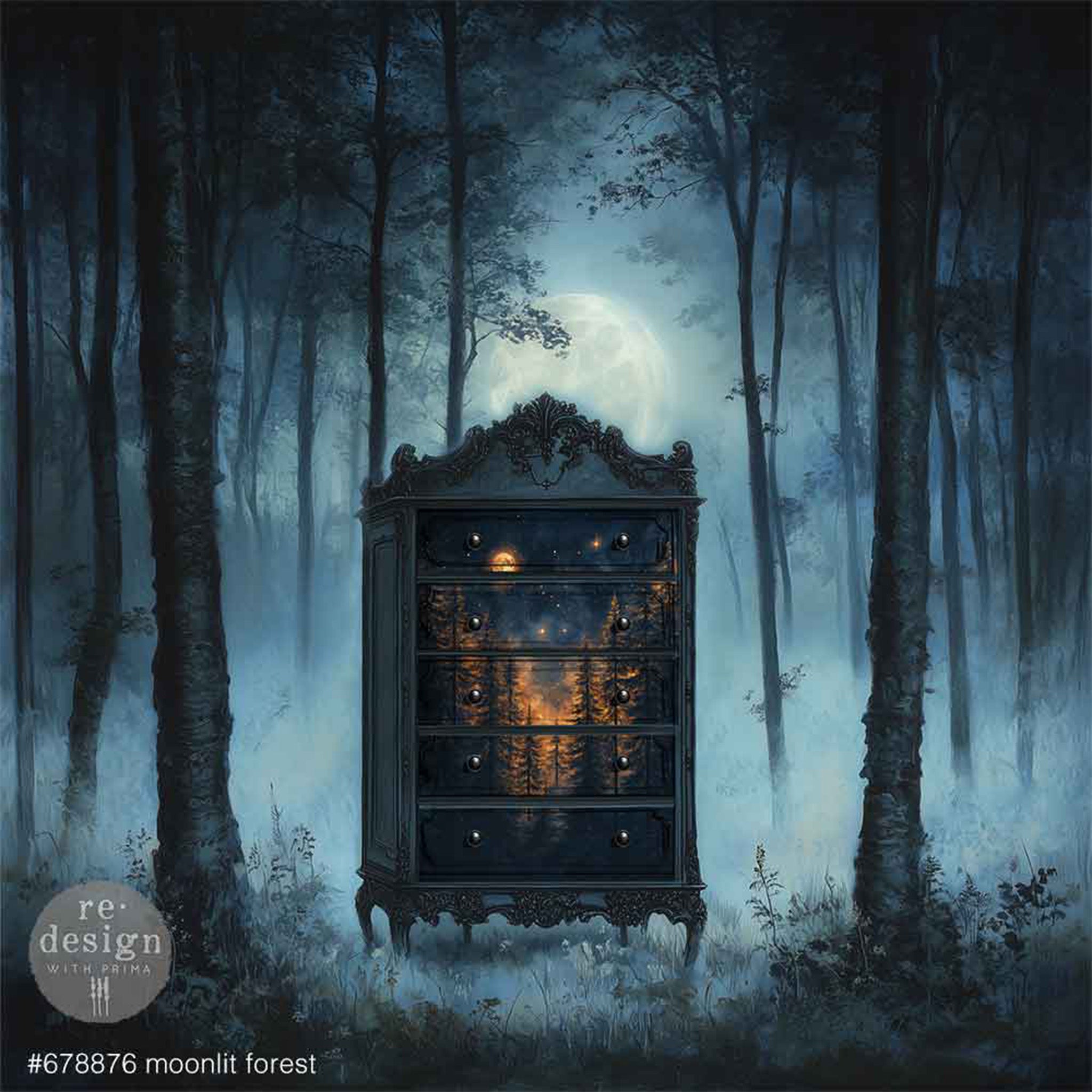 Decorative cabinet in a forest with a moonlit background