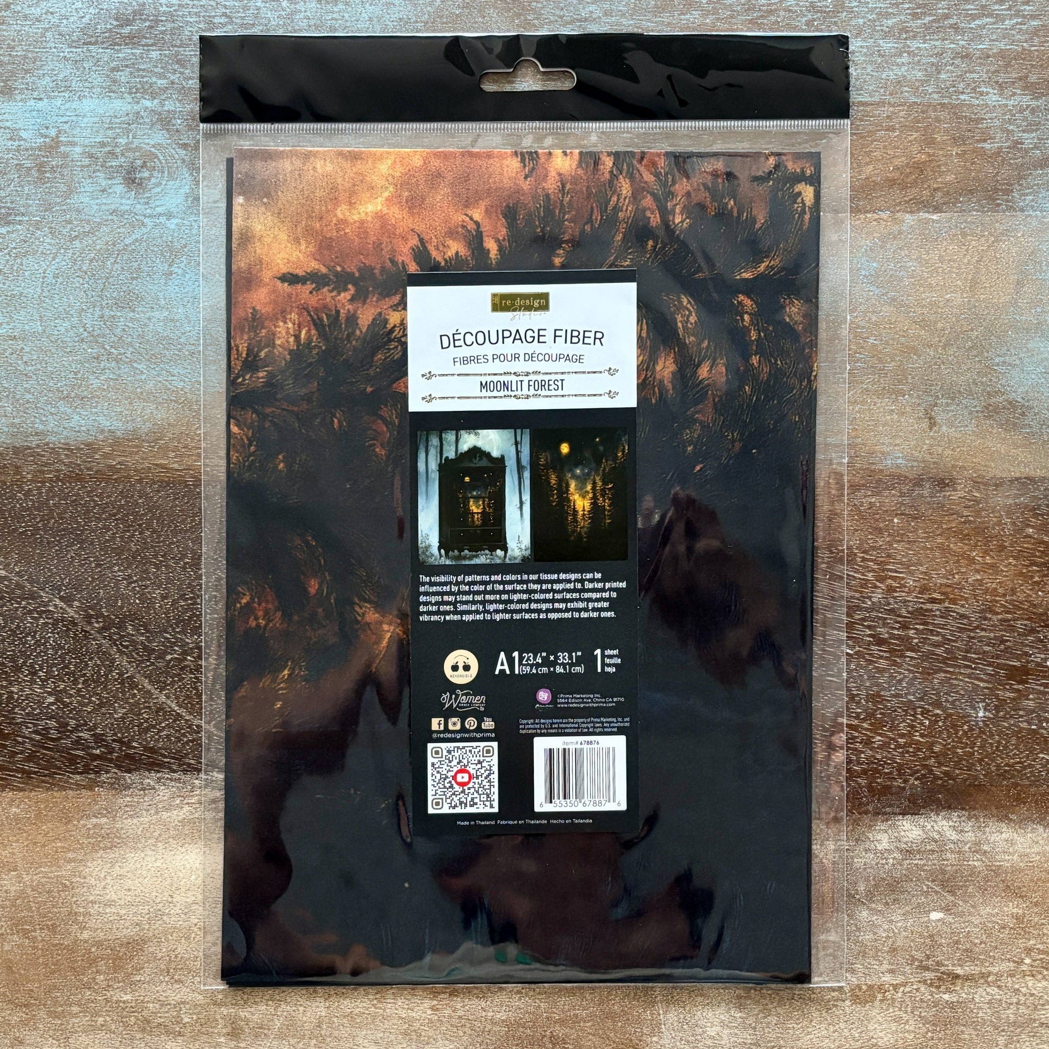 Packaged product with a label on a textured wooden surface